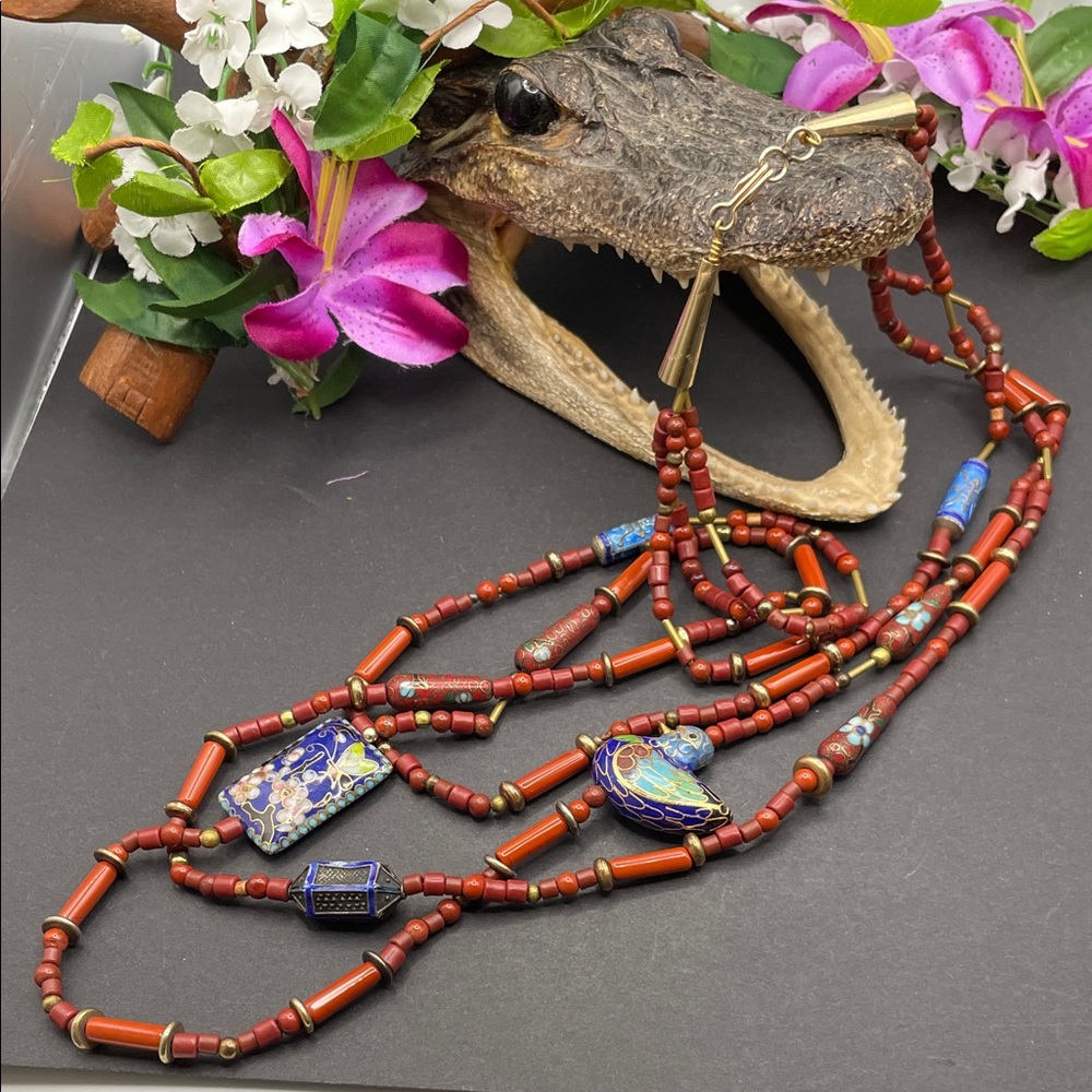 Cloisonné and stone necklace vintage B55
